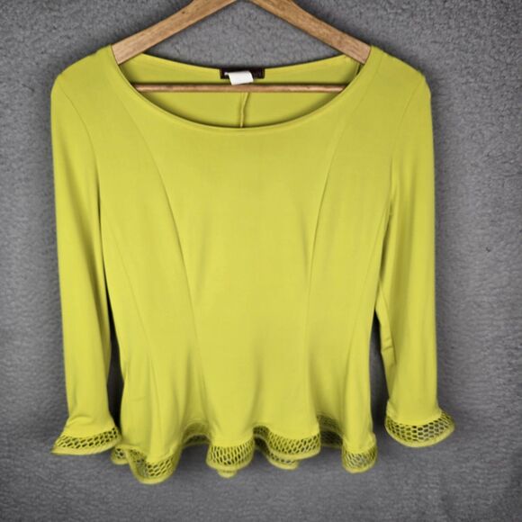 Vintage Design Todays Womens Top M Yellow Chartreuse Peplum Knit Flare Hem Retro - Picture 5 of 9